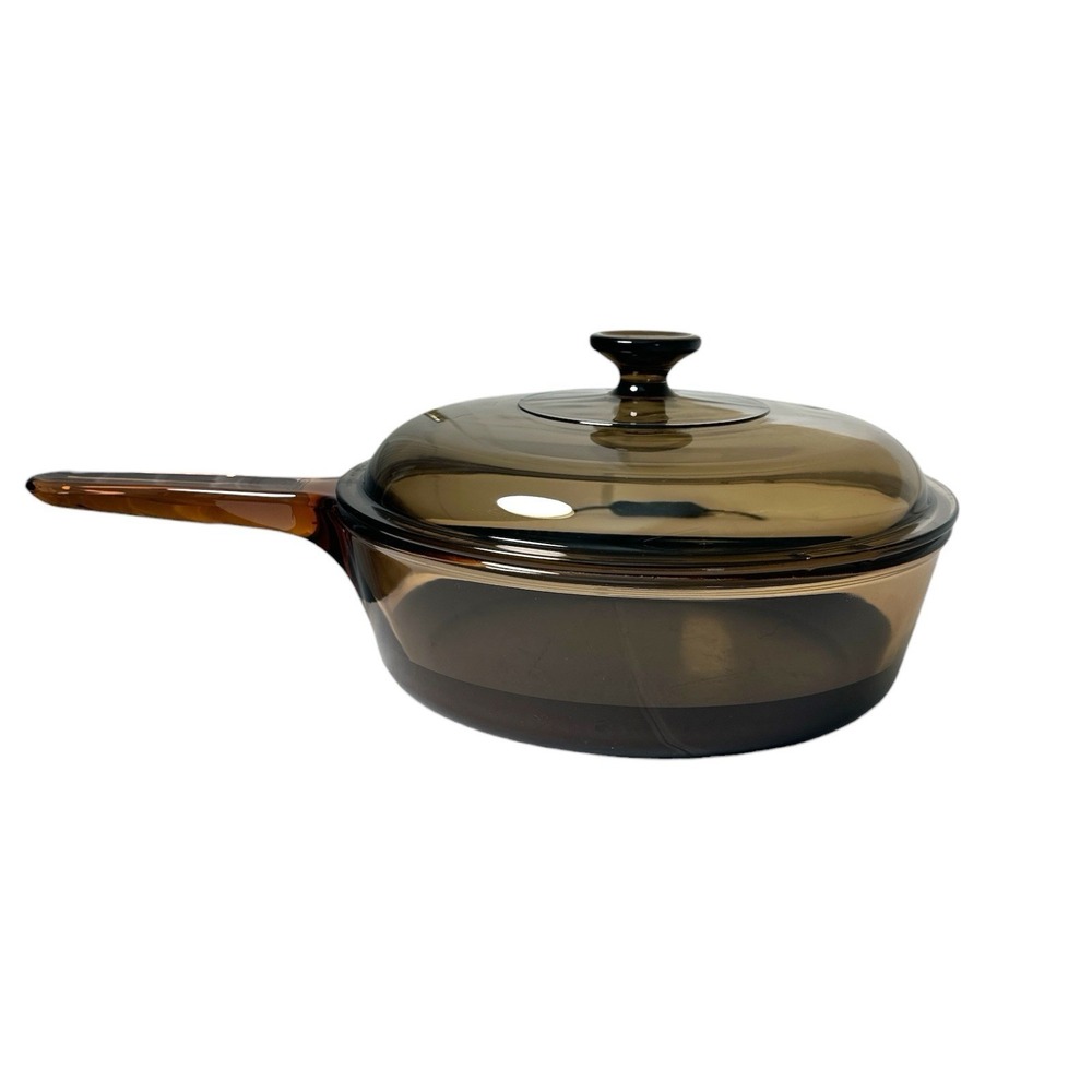 Vision Corning France Amber Glass Non-Stick Frying Pan Skillet w Lid 10" 12 Cup